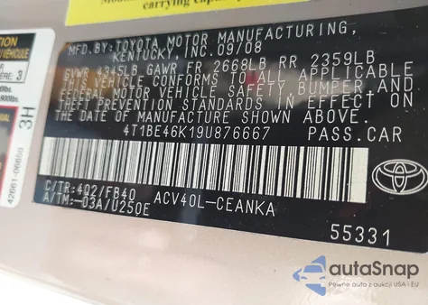 2009 Toyota Camry Le from USA, damaged, VIN 4T1BE46K19U876667